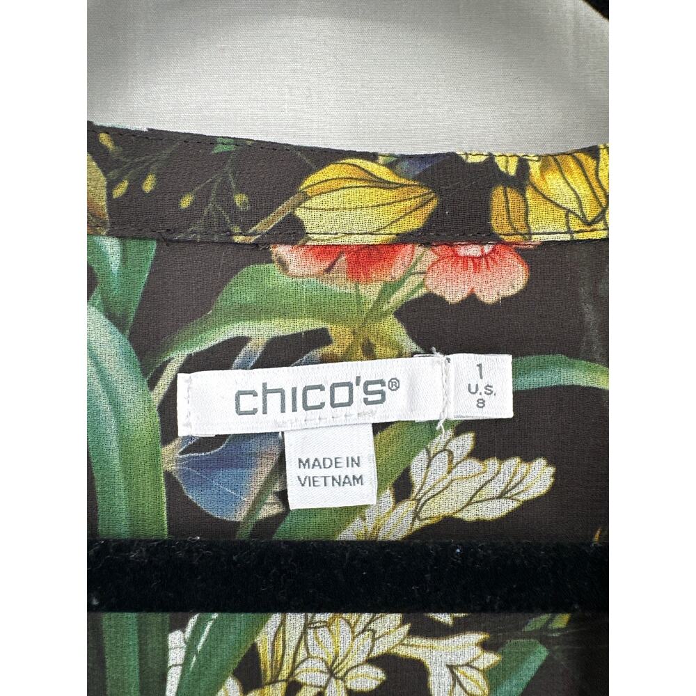 Chicos Top Womens Medium 1 Black Floral Sheer Ruffle Colorful Boho Bohemian - Picture 2 of 7